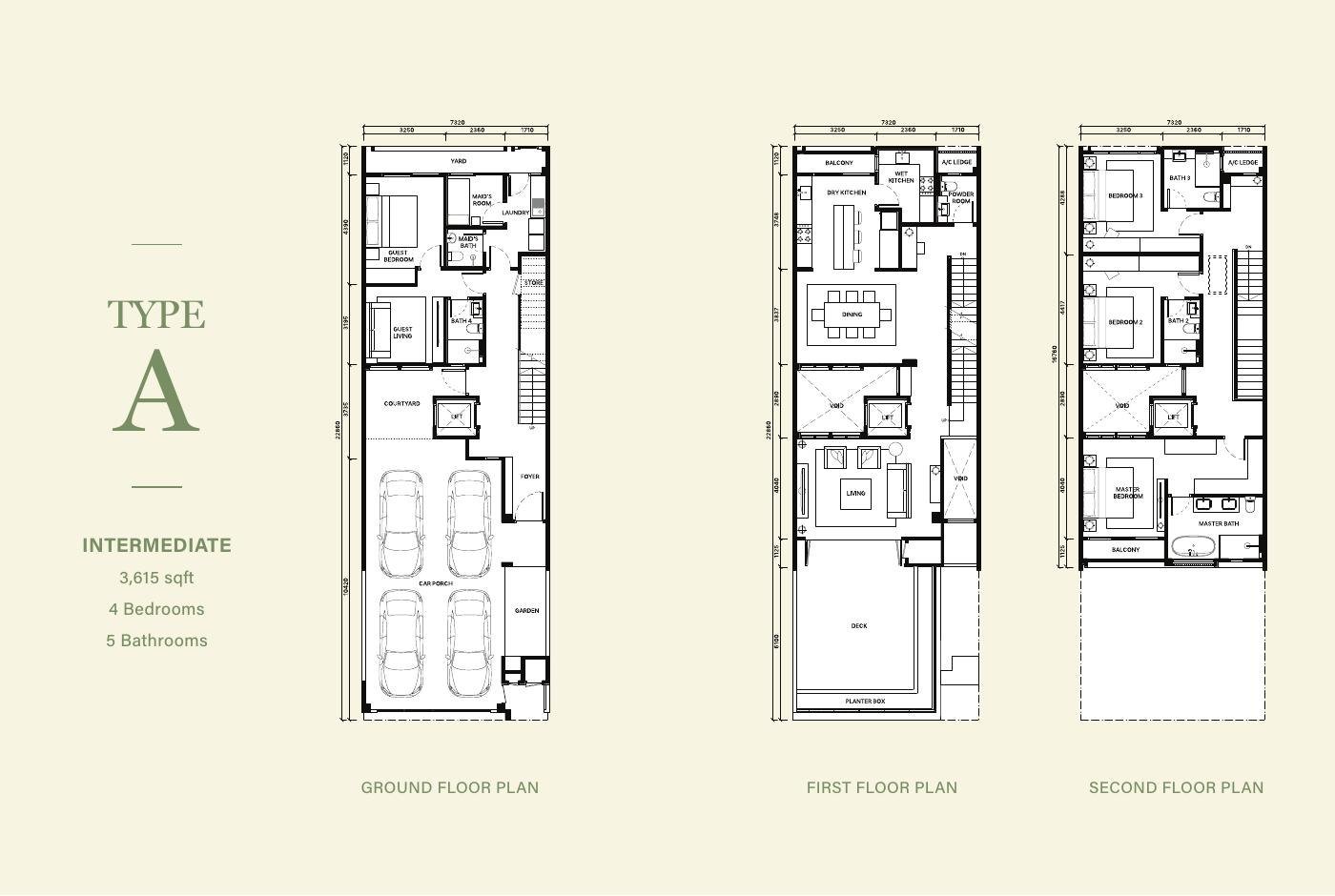 FERA Type A ground, first and second floor plans